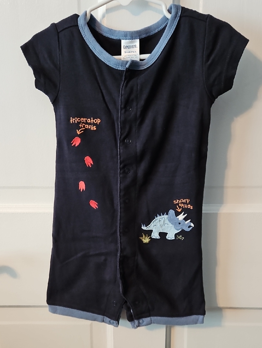 Gymboree Navy Blue Short-Sleeve Dino Snap Romper with Light Blue Trim